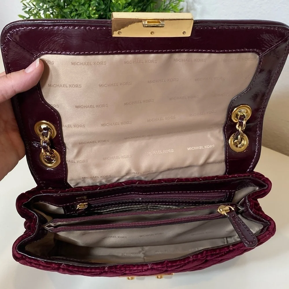 Michael’s Kors Sloan Quilted Plum Velvet Patent Leather Gold Chain Bag‎